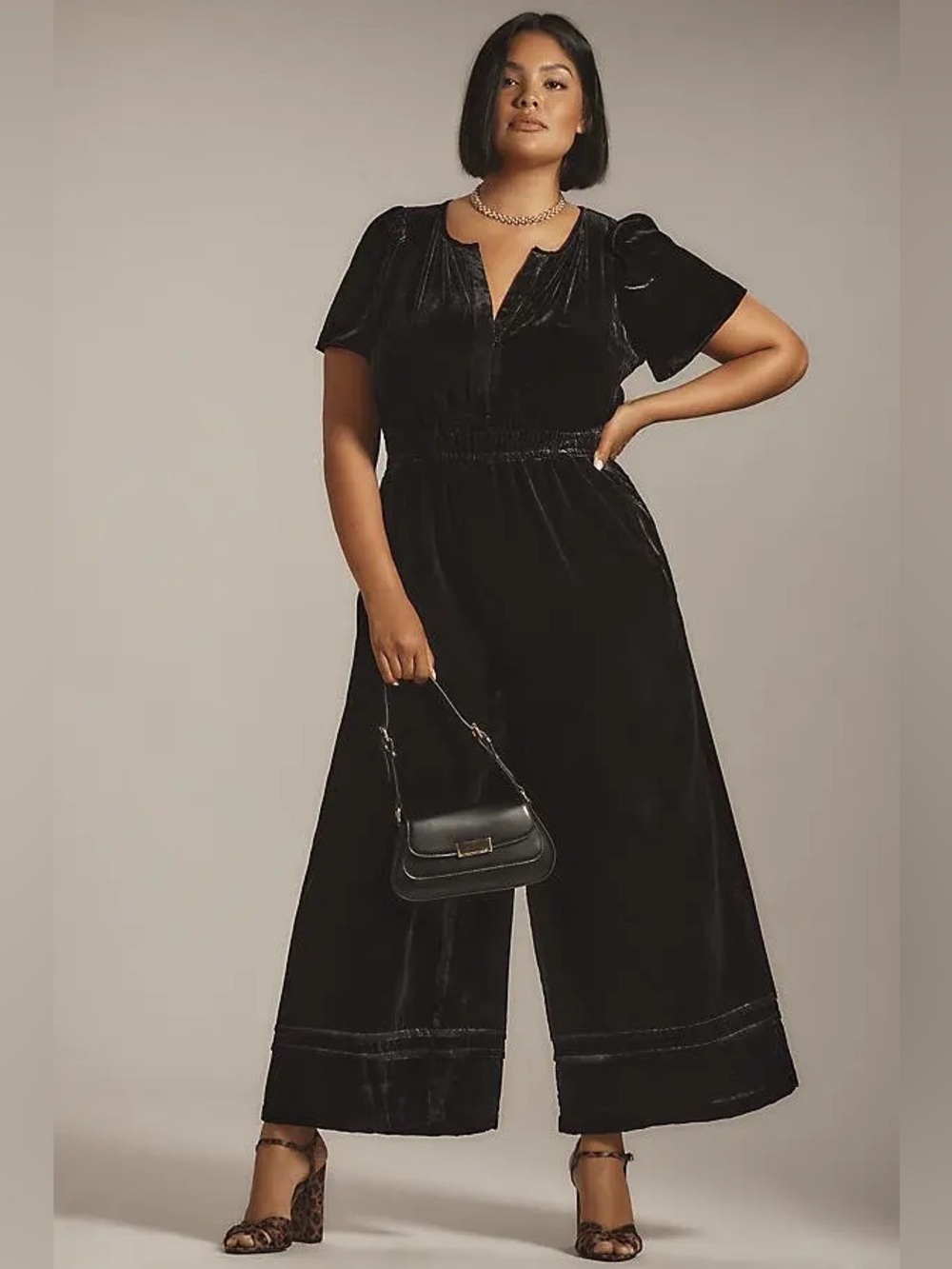 Anthropologie The Somerset Smocked Velvet Wide Leg Jumpsuit in Black XL NEW